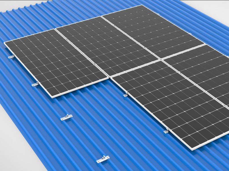 Sistema de montaje de paneles solares con rieles pequeños para techos metálicos inclinados.